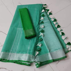 Handloom Bhagalpuri Linen Cotton Blend Contrast Border Saree for Women (12638 Mint_Green-Green)