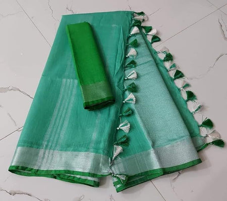 Handloom Bhagalpuri Linen Cotton Blend Contrast Border Saree for Women (12638 Mint_Green-Green)