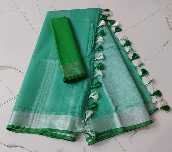 Handloom Bhagalpuri Linen Cotton Blend Contrast Border Saree for Women (12638 Mint_Green-Green)