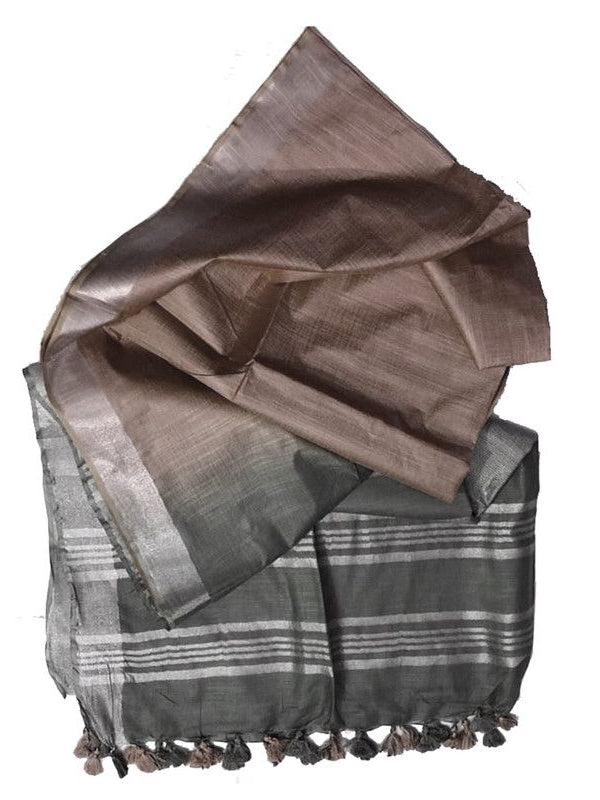 Grey & Beaver Brown Bhagalpuri women's Ethnic Wear Handloom Cotton Zari Border Two Dye Saree With Running Unstitched Blouse Piece - View 4