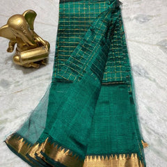 Bhagalpuri Handloom Cotton Silk Check Half Body Saree for women's (Pine_Green)