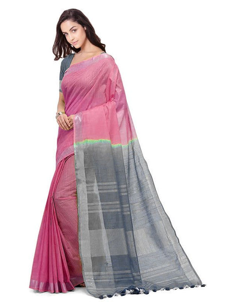 Flamingo Pink & Grey women's Bhagalpuri Handloom Ethnic Wear Linen Two Dye Saree With Running Unstitched Blouse Piece - View 2