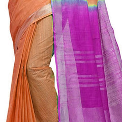 Mango Orange & Wild Strawberry women's Handloom Bhagalpuri Cotton Slub Blend Two Dye Saree With Running Unstitched Blouse Piece - View 3