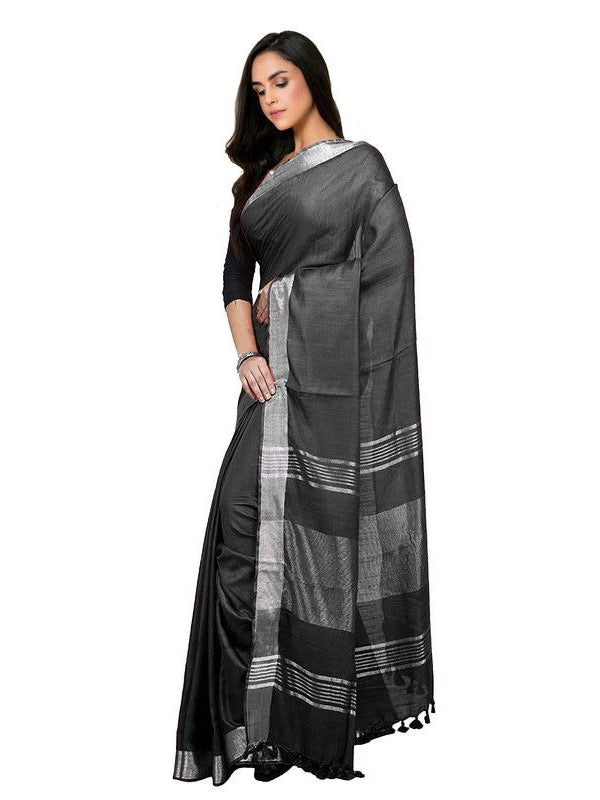 Black Bhagalpuri women's Handloom Linen Cotton Ethnic Wear Saree With Running Unstitched Blouse Piece - View 5
