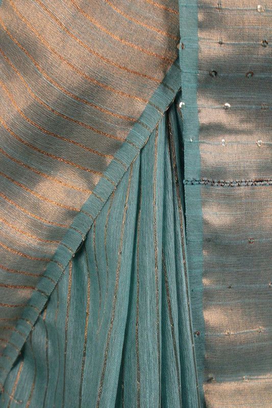 Handloom Silk Bhagalpuri Striped Sequins Turquoise Saree - View 4