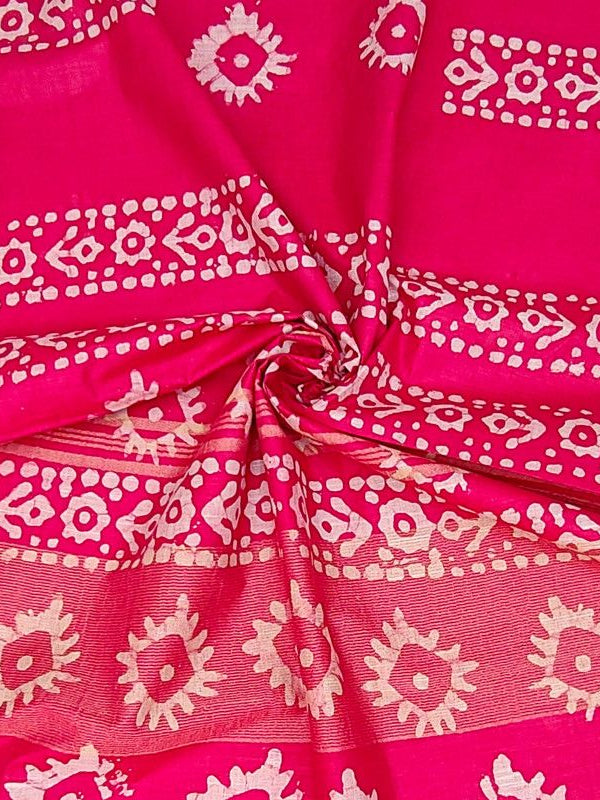 Blend Linen Cotton Handloom Batik Print Saree (GLBR_Gold-Deep_Pink) - View 2