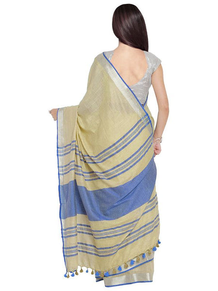 Ashamed Tan-Cyan women's Bhagalpuri Handloom Cotton Linen Blend Contrast Pallu Saree And Unstitched Contrast Blouse Piece - View 4