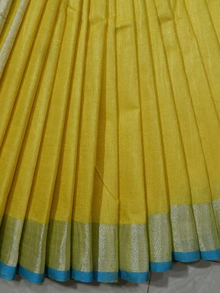 Yelllow-Cyan women's Handloom Bhagalpuri Cotton Linen Blend Saree Ethnic Wear With Contrast Unstitched Blouse Piece - View 4