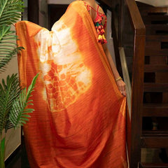 Sibory Handloom Bhagalpuri Silk Bandhani Dye Sequins Striped Saree (Yellowish_Orange) - View 2