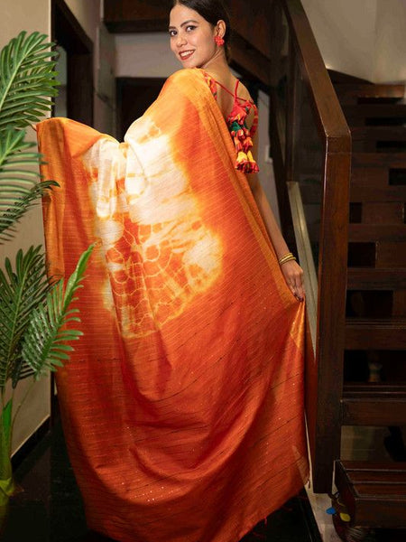 Sibory Handloom Bhagalpuri Silk Bandhani Dye Sequins Striped Saree (Yellowish_Orange) - View 2