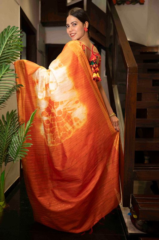 Sibory Handloom Bhagalpuri Silk Bandhani Dye Sequins Striped Saree (Yellowish_Orange) - View 2