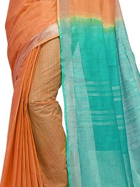 Pumpkin Orange & Turquoise women's Bhagalpuri Handloom Linen Cotton Blend Two Dye Saree With Running Unstitched Blouse Piece - View 4