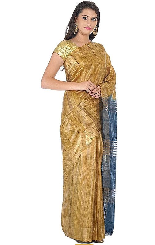 Tussar Ghicha Silk Handloom Two Dye Saree with Zari Border (Sutlea_Blue & Tusik_Brown) - View 2