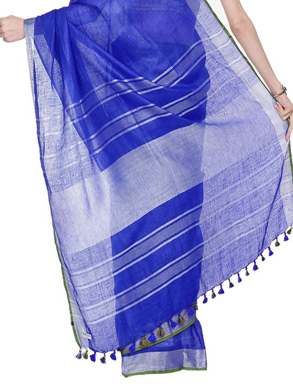 Duke Blue women's Bhagalpuri Handloom Cotton Linen Blend Saree With Contrast Unstiched Blouse Piece - View 6
