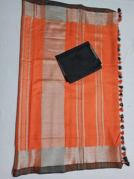 Orange Bhagalpuri Handloom women's Linen Slub Blend Saree With Black Pipin Contrast Blouse Piece - View 4