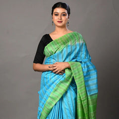 Two Dye Handloom Bhagalpuri Striped Semi Tussar Silk Saree (Fountain_Cyan & Mantris_Green) - View 4
