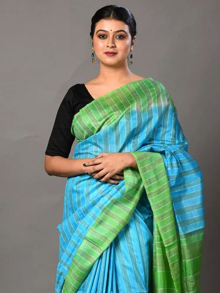 Two Dye Handloom Bhagalpuri Striped Semi Tussar Silk Saree (Fountain_Cyan & Mantris_Green) - View 4