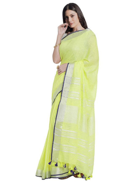 Bhagalpuri Handloom Cotton Linen Blend Saree With Contrast Unstiched Blouse Piece - View 3