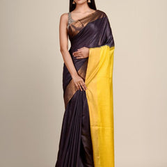 Coke Brown & Canary Yellow Bhaglpuri Munga Blend Handloom Tussar Saree with Blouse Piece