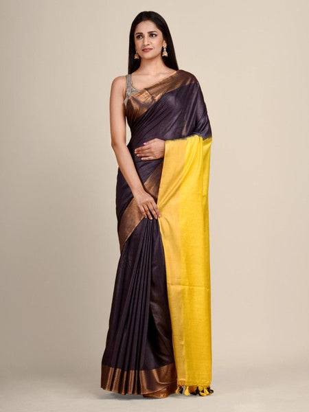 Coke Brown & Canary Yellow Bhaglpuri Munga Blend Handloom Tussar Saree with Blouse Piece