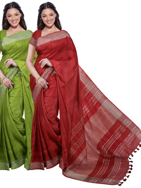 Green & Red women's Bhagalpuri Handloom Cotton-Linen Blend Saree Combo (Pack Of 2) With Running Unstiched Blouse Piece