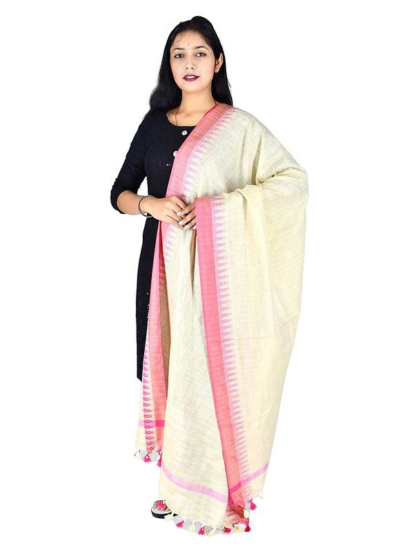 Pink Linen Temple Handloom Bhagalpuri Dupatta - View 2
