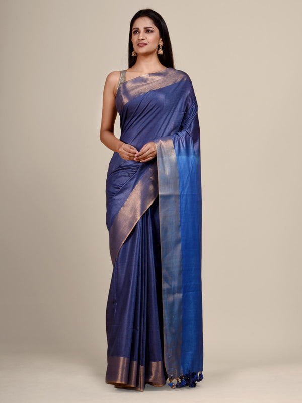 Munga Silk Tussar Blend Bhagalpuri Handloom Moonstone Egyptian Blue & Havlek Blue Saree - View 3