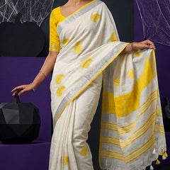 Handwoven Bhagalpuri Linen Blend Embroidered Saree With Contrast Blouse Piece(White_Yellow) - View 2