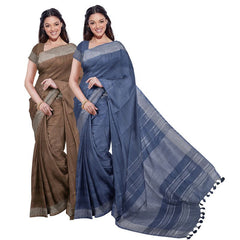 Brown & Lake Blue women's Bhagalpuri Handloom Cotton-Linen Blend Saree Combo (Pack Of 2) With Running Unstiched Blouse Piece