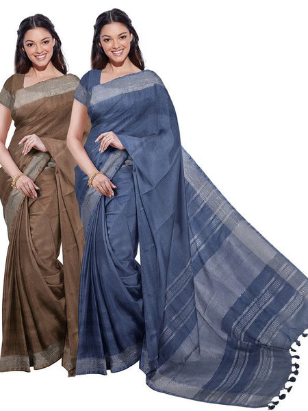Brown & Lake Blue women's Bhagalpuri Handloom Cotton-Linen Blend Saree Combo (Pack Of 2) With Running Unstiched Blouse Piece