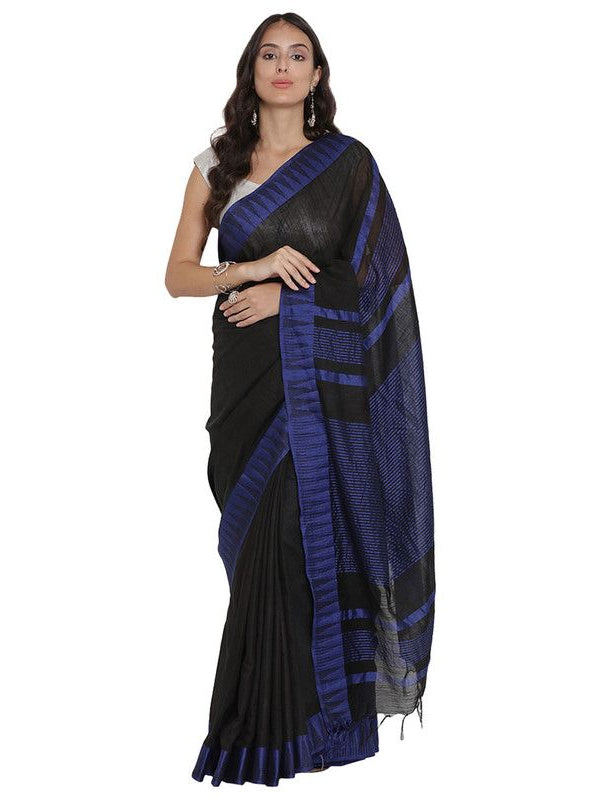 Black Bhagalpuri Handloom Kota Silk Temple Border Saree And Variation Of Colors With Striped Blouse Piece - View 2
