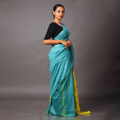 Handloom Jute Silk Bhagalpuri Two Dye Striped Saree (Douwny_Turquoise & Canary_Yellow) - View 2