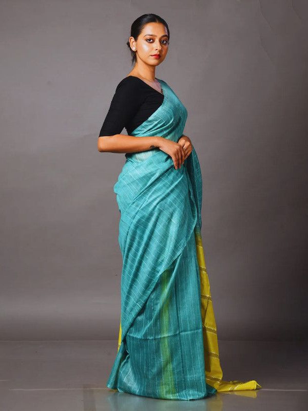 Handloom Jute Silk Bhagalpuri Two Dye Striped Saree (Douwny_Turquoise & Canary_Yellow) - View 2