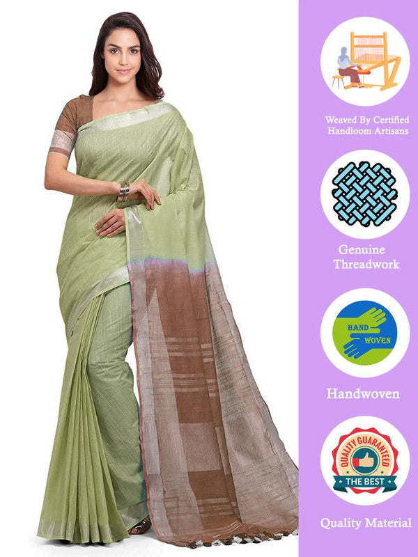 Khaki Tan & Brown women's Bhagalpuri Handloom Pure Cotton Two Dye Saree With Running Unstitched Blouse Piece - View 2