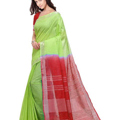 Lawn Green & Red women's Handloom Bhagalpuri Linen Blend Two Dye Saree With Running Unstitched Blouse Piece - View 2
