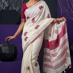 Handwoven Bhagalpuri Linen Blend Embroidered Saree With Contrast Blouse Piece(White_Pink)