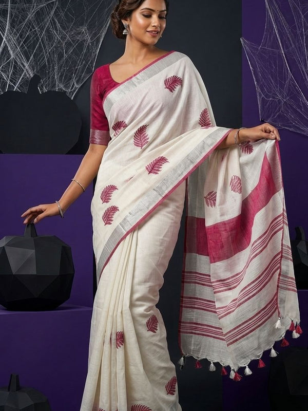 Handwoven Bhagalpuri Linen Blend Embroidered Saree With Contrast Blouse Piece(White_Pink)