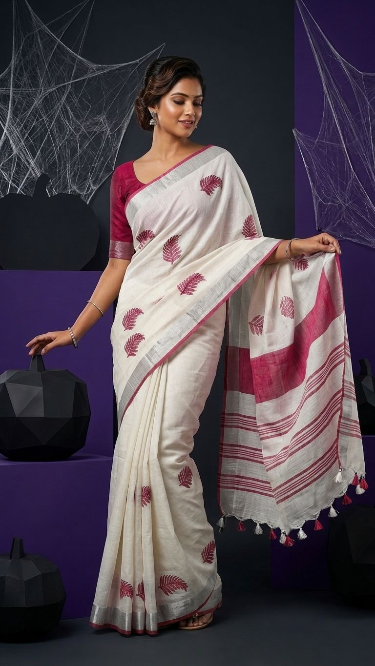 Handwoven Bhagalpuri Linen Blend Embroidered Saree With Contrast Blouse Piece(White_Pink)