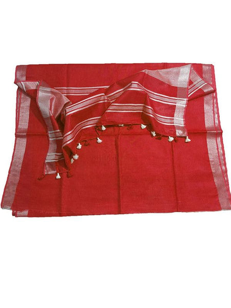 Crimson Red women's Bhagalpuri Linen Saree With Blouse Piece