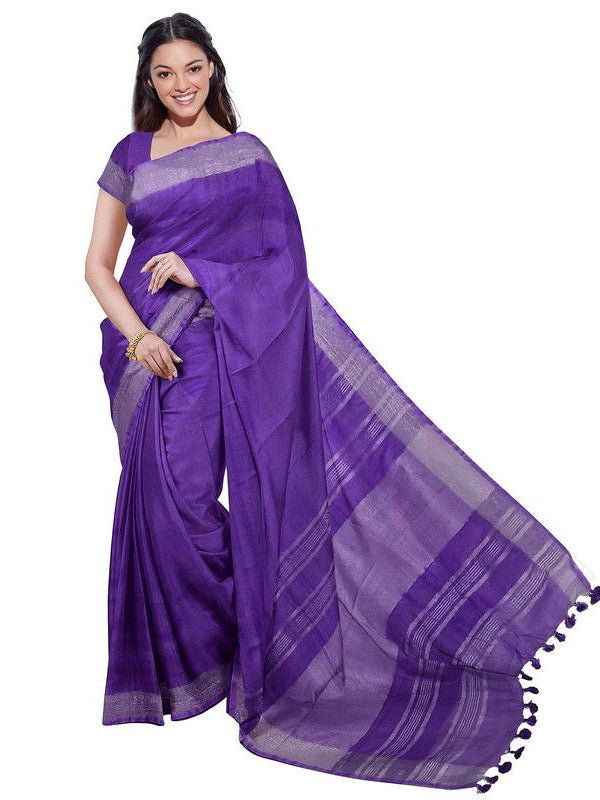 French Violet & Green women's Bhagalpuri Handloom Cotton-Linen Blend Saree Combo (Pack Of 2) With Running Unstiched Blouse Piece - View 3