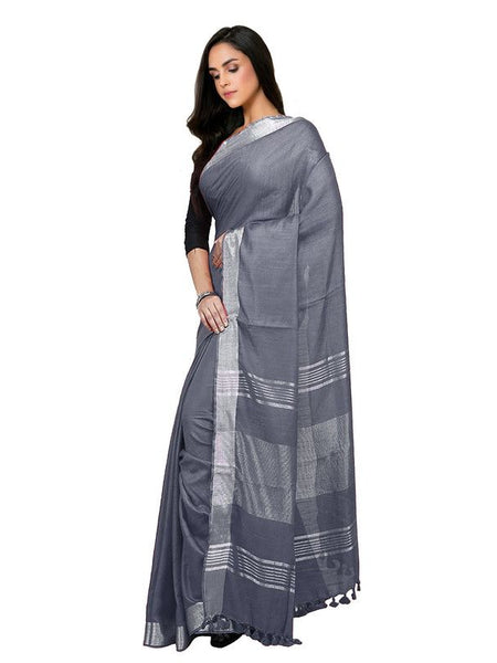 Grey Bhagalpuri women's Handloom Linen Cotton Ethnic Wear Saree With Running Unstitched Blouse Piece - View 2