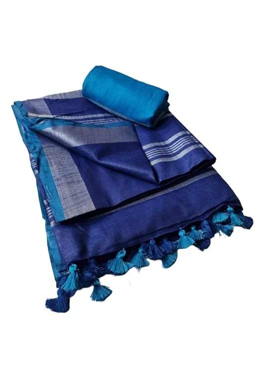 Handloom Bhagalpuri Linen Cotton Blend Contrast Border Saree for Women (12618 Duke_Blue-Cyan) - View 2