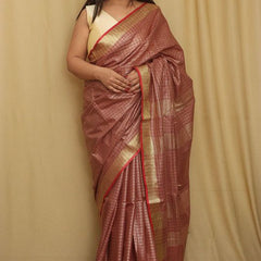 Handloom Linen Cotton Blend Bhagalpuri Check Saree with Contrast Blouse Piece