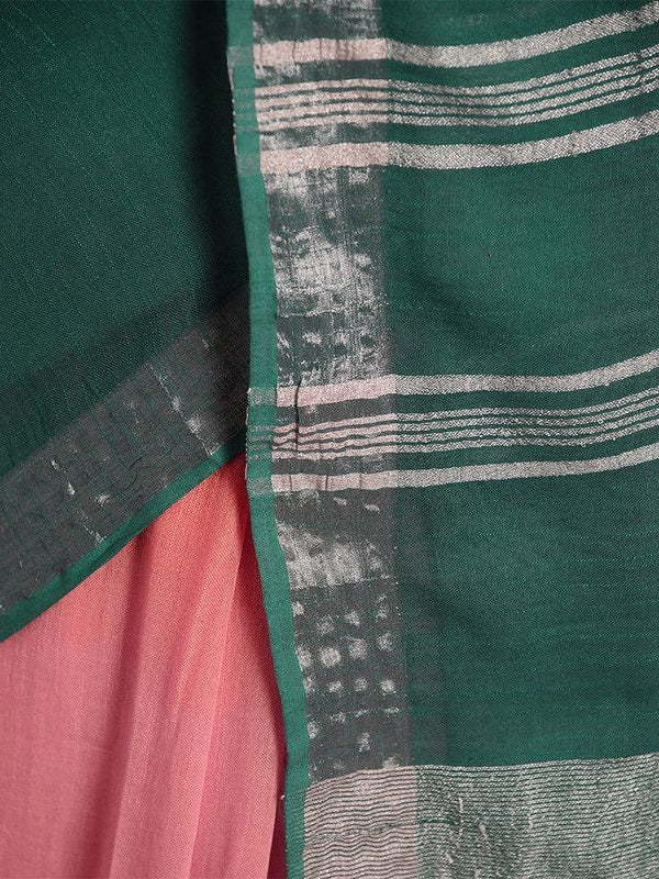 Coral Pink & Pine Green women's Bhagalpuri Handloom Linen Cotton Blend Two Dye Saree With Running Unstitched Blouse Piece - View 4