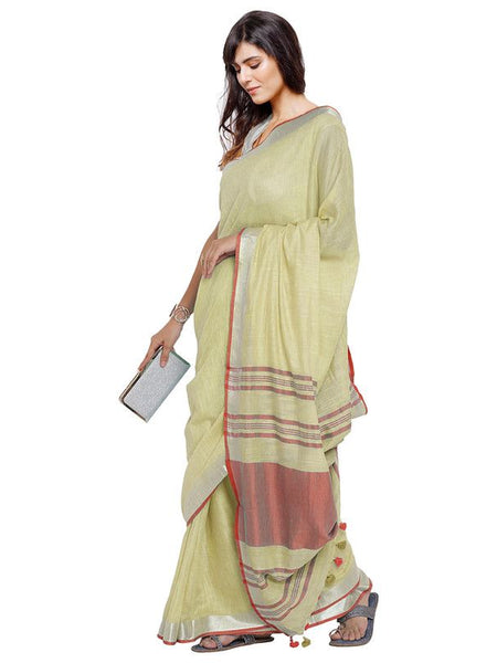 Primrose Yellow-Red women's Bhagalpuri Handloom Cotton Linen Blend Contrast Pallu Saree And Unstitched Contrast Blouse Piece - View 3