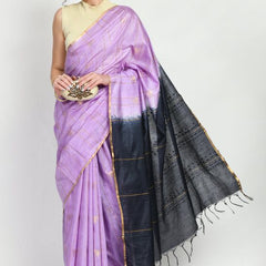 Bhagalpuri Handloom Semi Tussar Silk Tewo Dye Temple Motif Weaving Saree (Preine_Purple & Black) - View 3