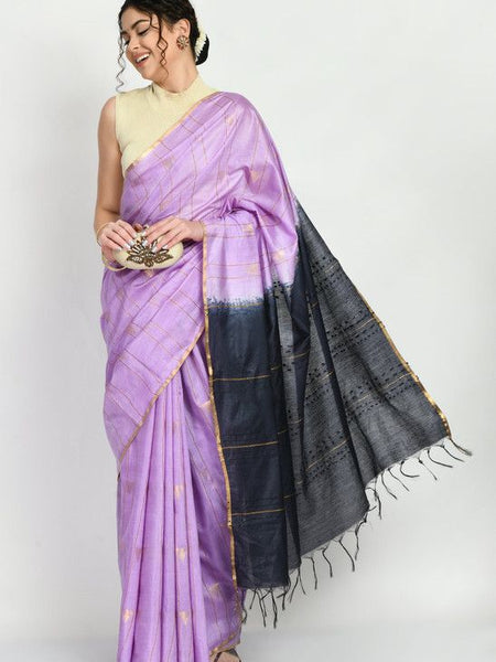 Bhagalpuri Handloom Semi Tussar Silk Tewo Dye Temple Motif Weaving Saree (Preine_Purple & Black) - View 3