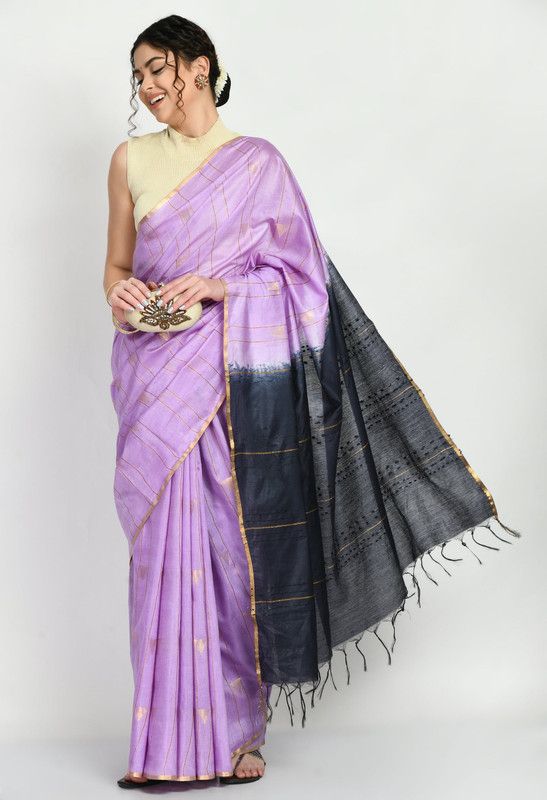 Bhagalpuri Handloom Semi Tussar Silk Tewo Dye Temple Motif Weaving Saree (Preine_Purple & Black) - View 3