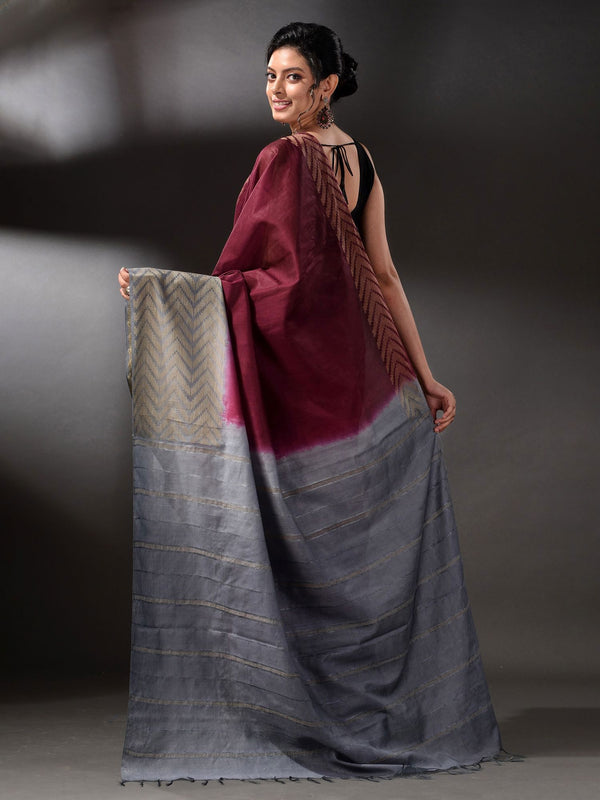 Semi Tussar Silk Handloom Two Dye Saree with Blouse Piece (Throns_Maroon & Troiet_Grey) - View 4