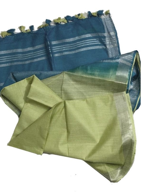 Capri Blue & Olivine Green women's Ethnic Wear Bhagalpuri Handloom Cotton Linen Blend Two Dye Saree With Running Unstitched Blouse Piece